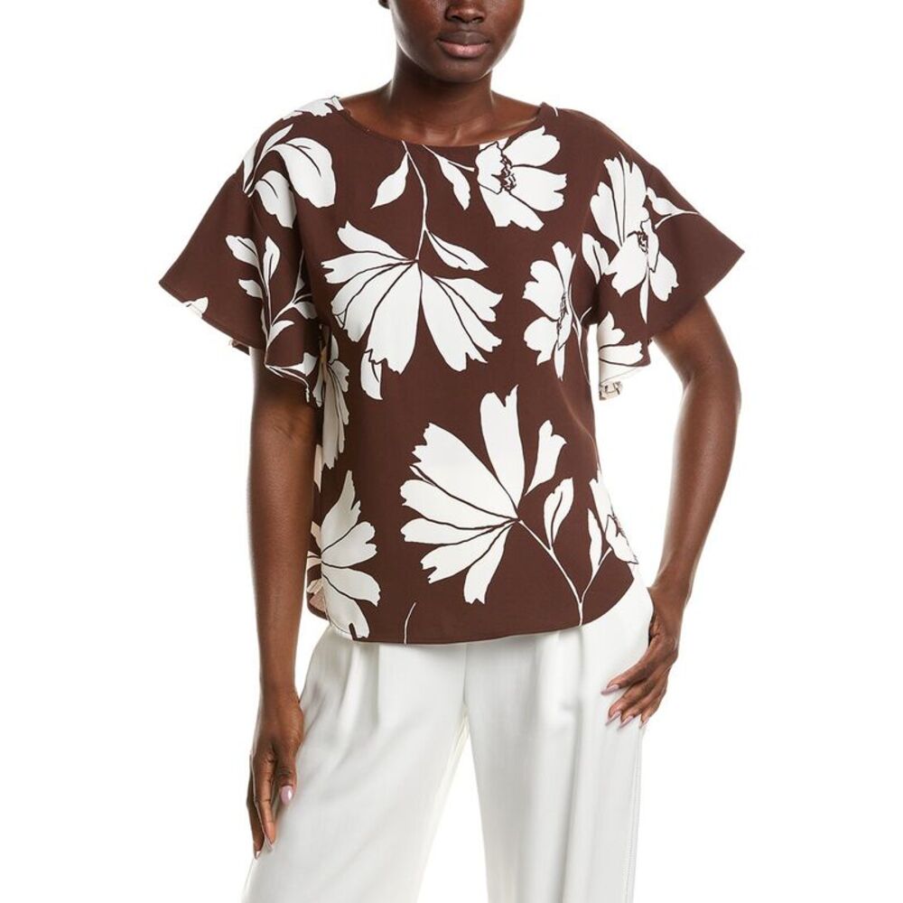 Anne Klein Womens  Flutter Sleeve Blouse, Brown